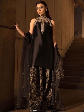 Black & Gold Embellished Sleeveless Wedding Dress with Sheer Dupatta Pakistani